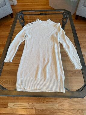American Eagle Outfitters Cream Ribbed Button-Shoulder Tunic Sweater
